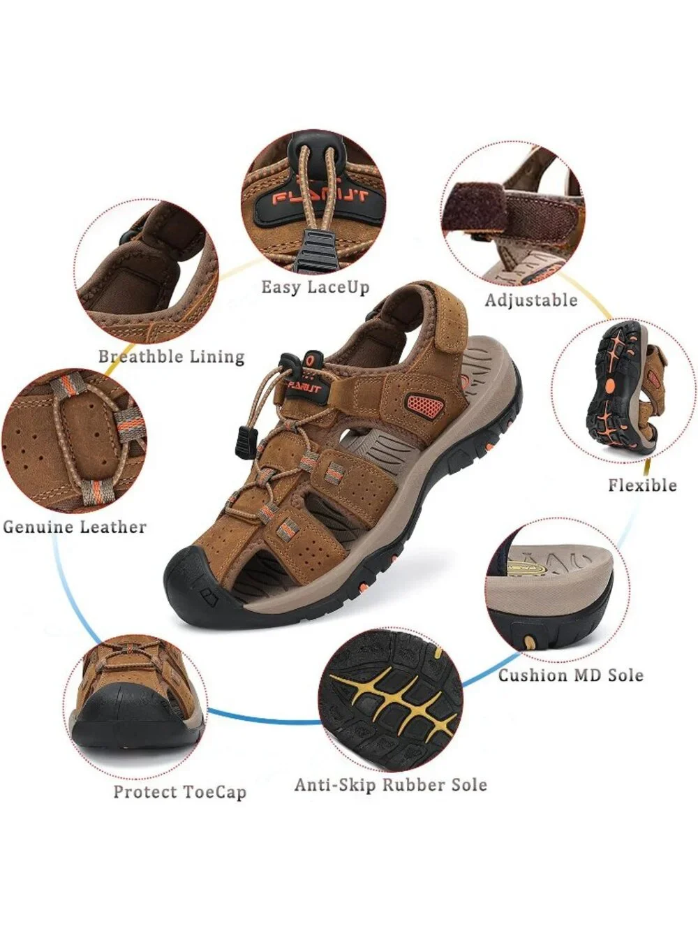 Men's Brown Closed Toe Leather Athletic Outdoor Hiking Sport Casual Sandal Shoes